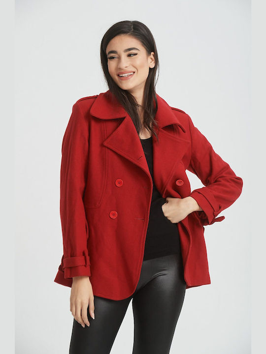 Comfuzio Women's Short Half Coat with Buttons Red