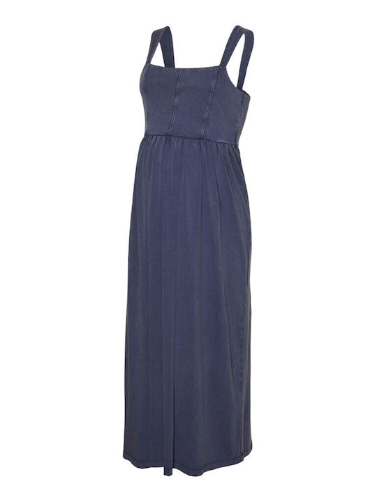 Cotton Maternity Dress with Spaghetti Strap Blue Loose Fit