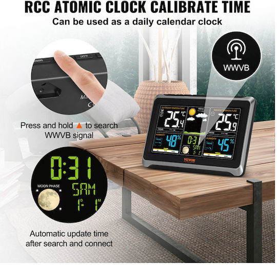 Vevor SNQXZWX75VAAAAQ08V2 Wireless Stație meteorologică Digital De masă Negru