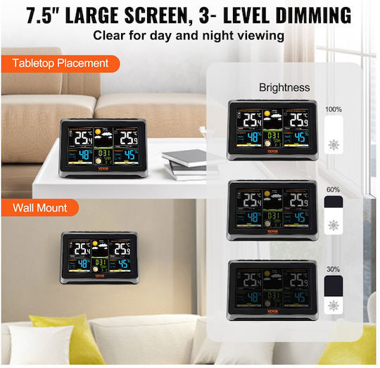Vevor SNQXZWX75VAAAAQ08V2 Wireless Stație meteorologică Digital De masă Negru