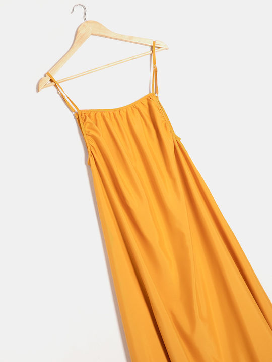 Maxi Dress with Straps and Ruffle Gold Gold