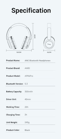 Awei Wireless / Wired Over Ear Headphones with 16 hours of Operation Black