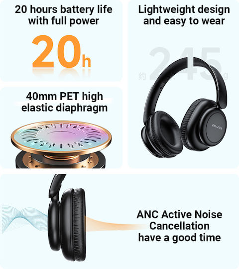 Awei Wireless / Wired Over Ear Headphones with 16 hours of Operation Black