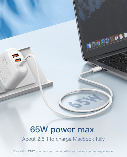 Ldnio Cablu USB 2.0 USB-C Masculin - USB-C 65W PD Alb 1m
