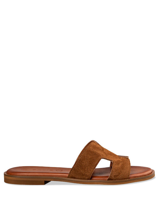 Envie Shoes Leather Women's Flat Sandals in Brown Color