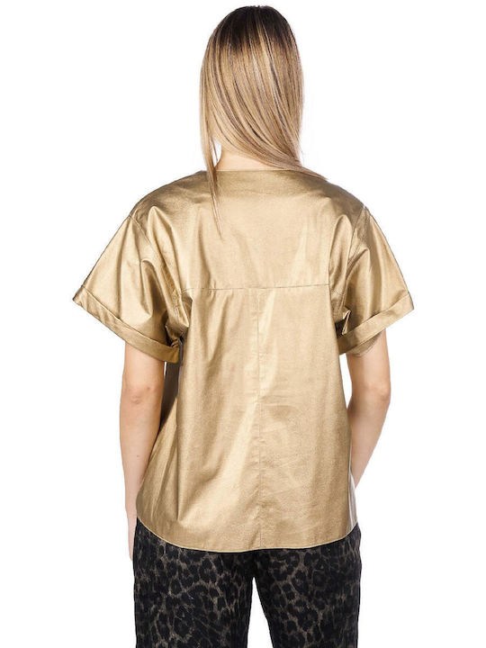 Access Damen Bluse Kurzärmelig mit V-Ausschnitt Gold