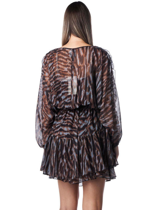 Access Mini Dress with Ruffle Brown