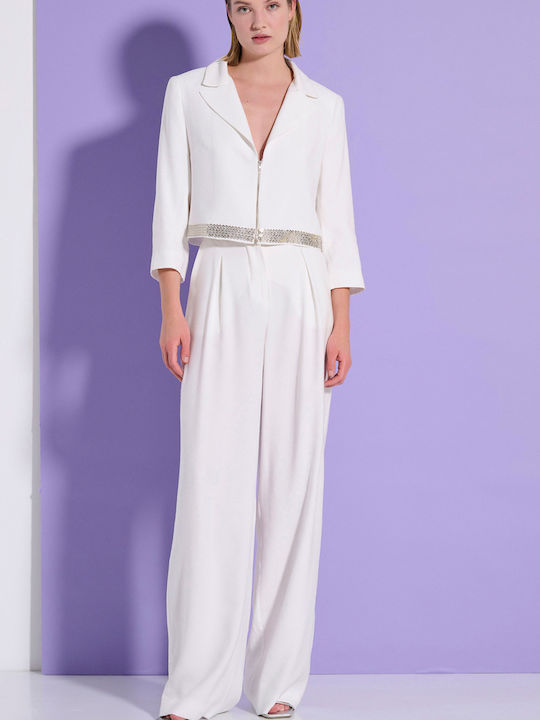 Matis Fashion Κοντό Γυναικείο Σακάκι Εκρού με Παγιέτες
