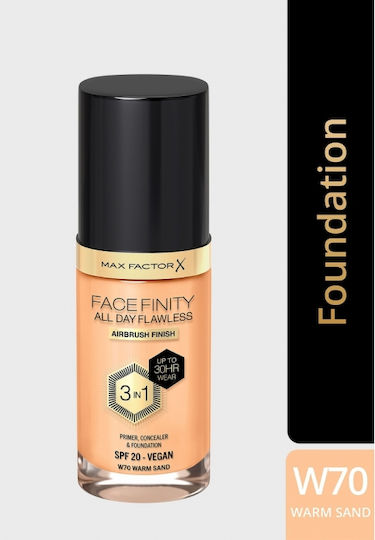 Max Factor Facefinity All Day Flawless Liquid Foundation SPF20 W70 Warm Sand 30ml