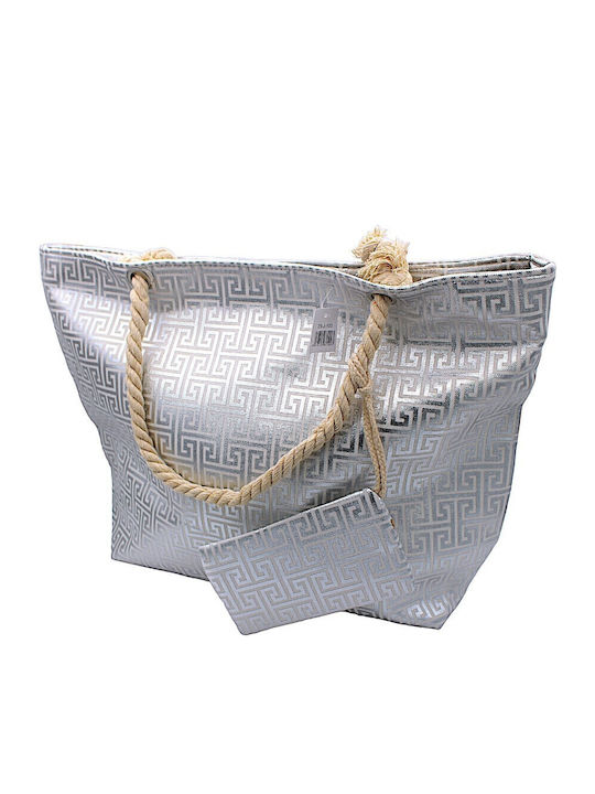 Stoff Strandtasche mit Kulturtasche Silber
