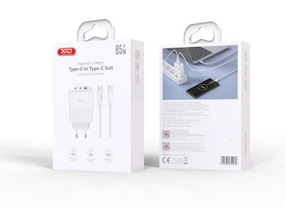 XO Φορτιστής GaN με Θύρα USB-A και 2 Θύρες USB-C και Καλώδιο USB-C - USB-C 65W Power Delivery Λευκός (L139)