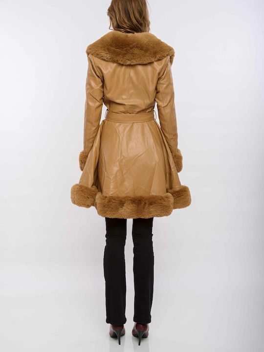 Leather midi coat with matching belt and fur collar BROWN