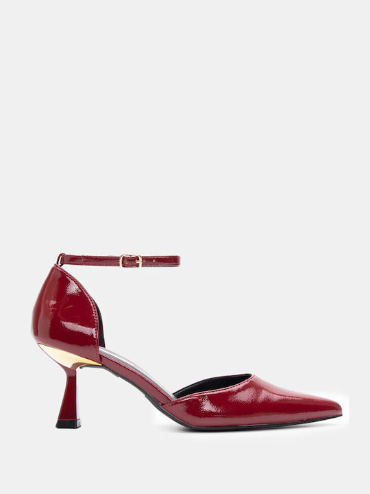 Luigi Patent Leather Pointed Toe Burgundy High Heels with Strap