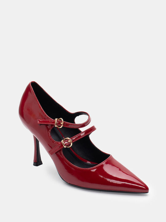 Luigi Patent Leather Pointed Toe Burgundy High Heels with Strap