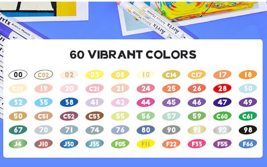 Arrtx 60 Ακρυλικοί Μαρκαδόροι Basic Colours Πινέλο