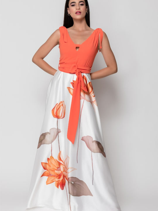 CECILIA MAXI SATIN TEXTURE PRINTED DRESS ORANGE A22C229