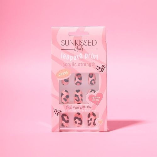 Round False Nails Set Sunkissed Leopard Print 24 Pieces Glue Included