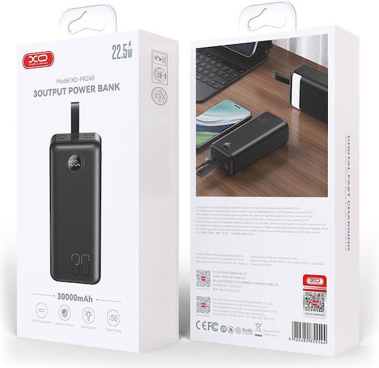 XO PR240 Power Bank 30000mAh 22.5W with 2 USB-A Ports and USB-C Port Power Delivery / Quick Charge 2.0 / Quick Charge 3.0 Black