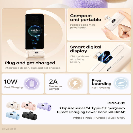 Remax Capsule Series RPP-632 Power Bank 5000mAh Λευκό