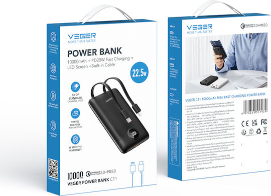 Veger W1170 Power Bank 10000mAh με Θύρα USB-A και Θύρα USB-C Μαύρο