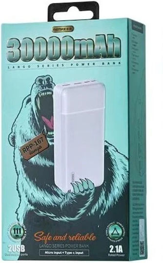 Remax RPP-167 Power Bank 30000mAh με 2 Θύρες USB-A Λευκό