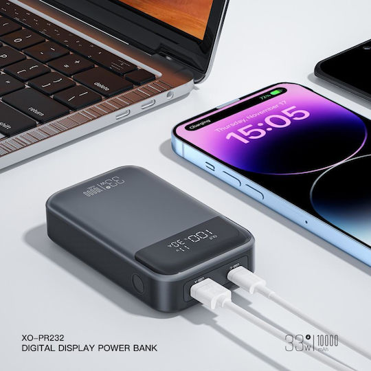 XO PR232GR Power Bank 10000mAh 22.5W με Θύρα USB-A και Θύρα USB-C Quick Charge 2.0 / Quick Charge 3.0 Μαύρο