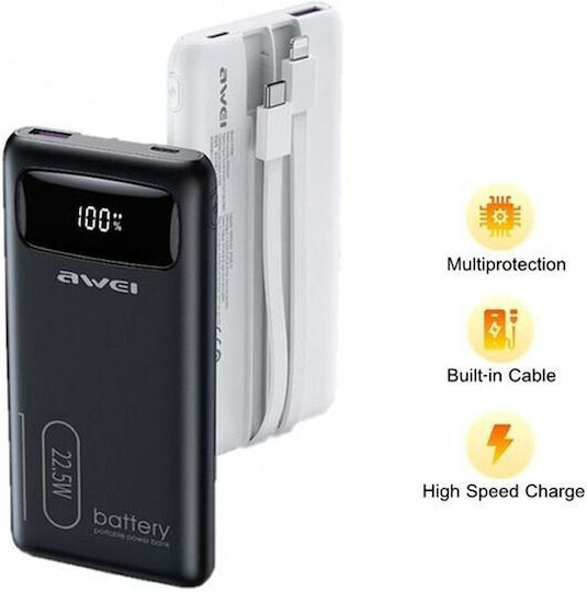 Awei P168K Power Bank 10000mAh 22.5W with USB-A Port and USB-C Port Black