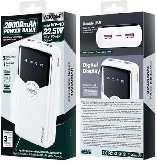 WK WP-43 Power Bank 20000mAh 22.5W με 2 Θύρες USB-A και Θύρα USB-C Power Delivery / Quick Charge 2.0 Λευκό