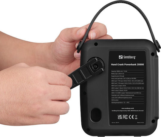 Sandberg Hand Crank Power Bank 20000mAh 20W with 2 USB-A Output Ports and 2 USB-C Output Ports Power Delivery Quick Charge Black