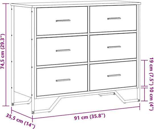 Wooden Chest of Drawers with 6 Drawers Grey Sonoma 91x35.5x74.5cm