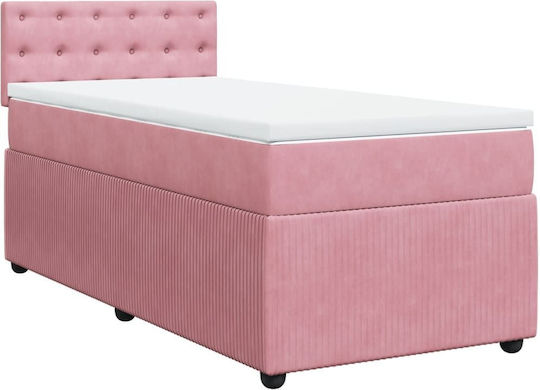 Single Upholstered Bed with Fabric Pink with Slats & Mattress 100x200cm