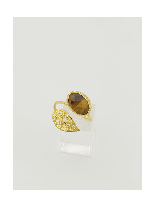 Sh389 Handmade Brass Ring with Natural Tiger's Eye Stone Adjustable