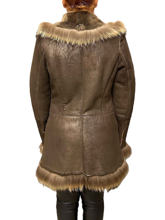 Mouton Damen Coffee Mantel mit Fellbesatz