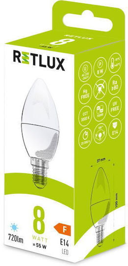 Retlux Λάμπα LED 8W για Ντουί E14 και Σχήμα C37 Ψυχρό Λευκό 720lm
