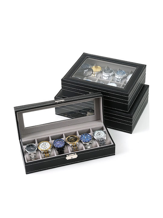 HuiXin Wooden Watch Case with Transparent Cover for 6 Watches Black HX-704