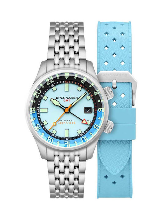 Spinnaker Bradner GMT Automatic Watch Silver Metal Bracelet Light Blue Rubber Strap SP-5121-CC