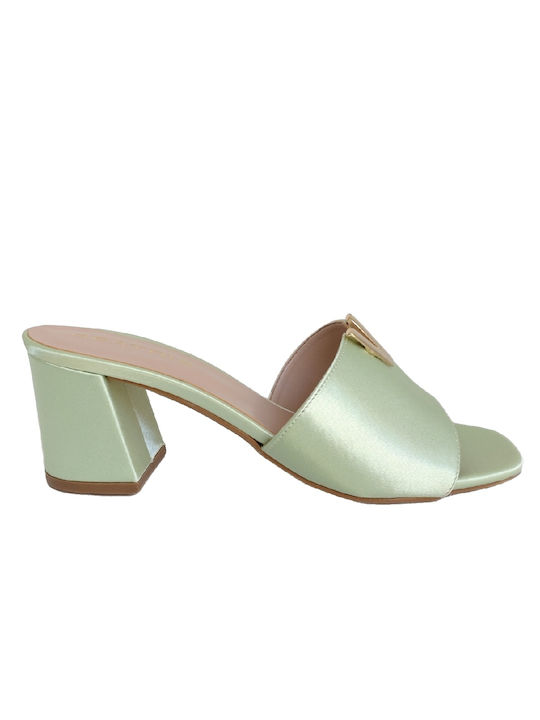 Women's Satin mules with Decorative V and Chunky Heel 1665.PE Natural