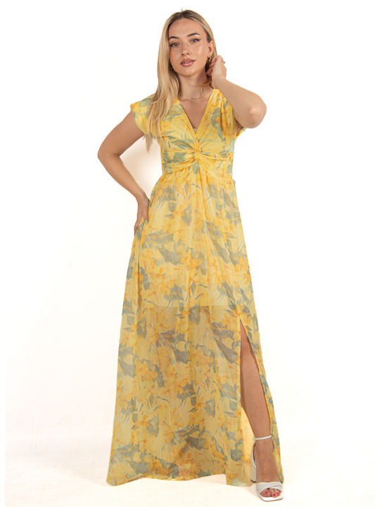 Chiffon Dress with Shoulder Pads Yellow