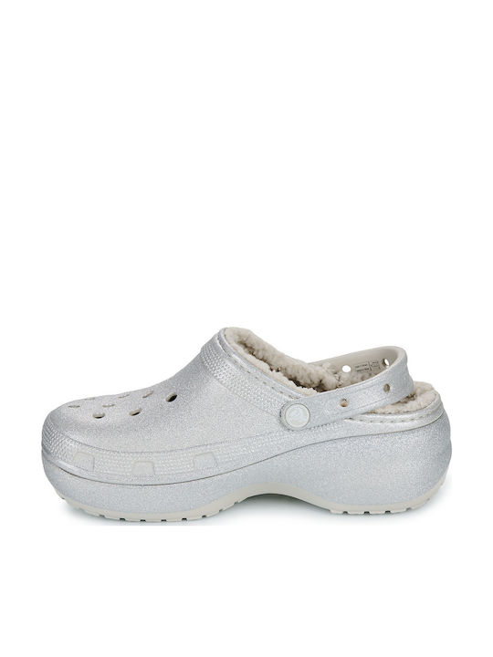Crocs Classic Platform Glitter Γυναικεία Σαμπό με Γούνα Ασημί