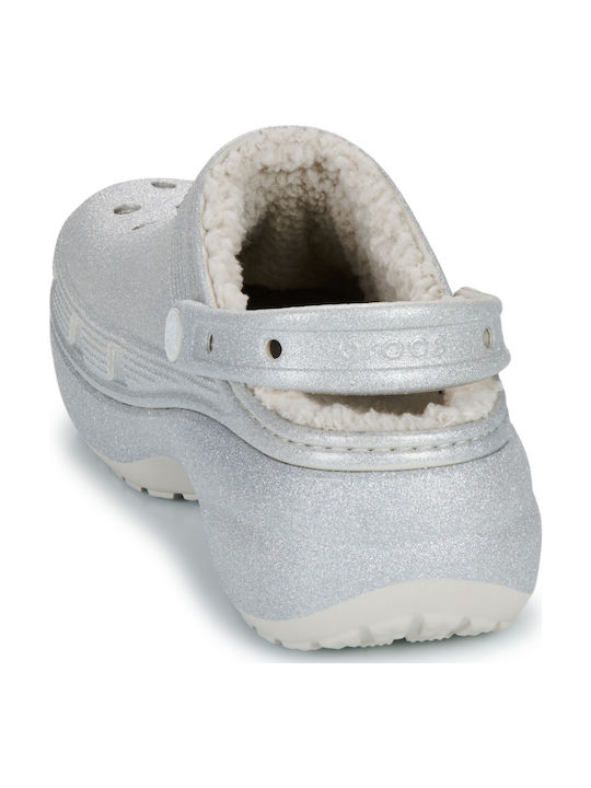 Crocs Classic Platform Glitter Γυναικεία Σαμπό με Γούνα Ασημί
