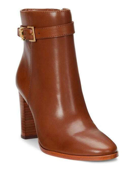 Ralph Lauren Leather Women's Ankle Boots with High Heel Brown