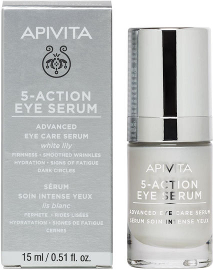 Apivita 5-Action with White Lily Moisturizing & Anti-aging Serum Eyes with Hyaluronic Acid for Dark Circles & Firming 15ml