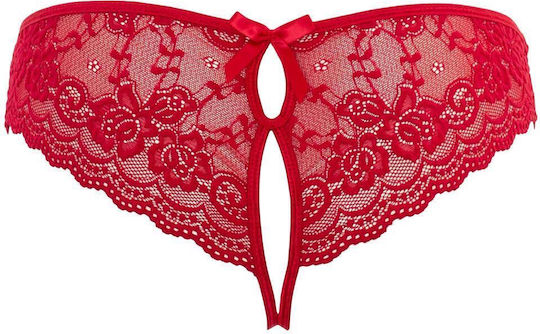 Γυναικείο Sexy String Αυτοκινήτου με Δαντέλα & Πέρλες Κόκκινο