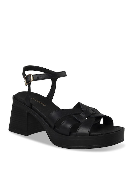 Tsouderos Shoes Leder Damen Sandalen in Schwarz Farbe