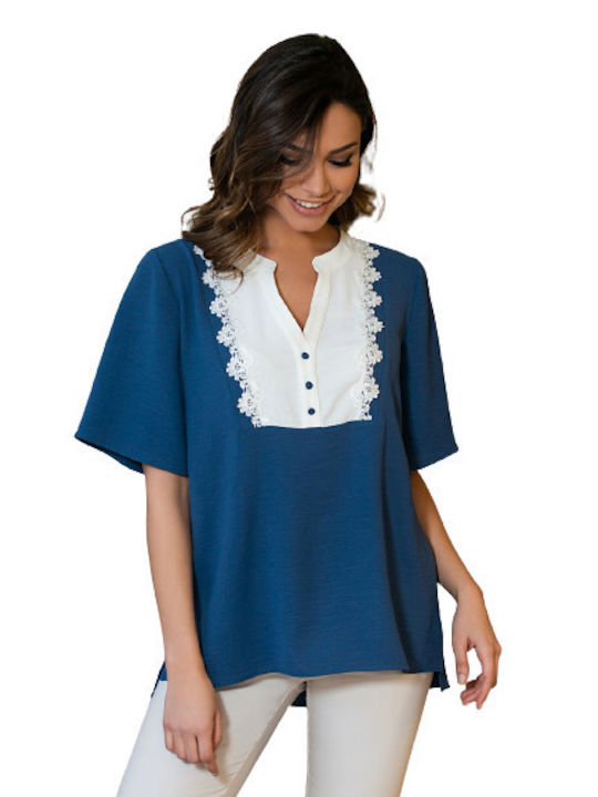 Derpouli Women's Blouse with Buttons & Lace Blue