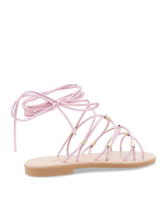 Leather Women's Flat Sandals in Pink Color