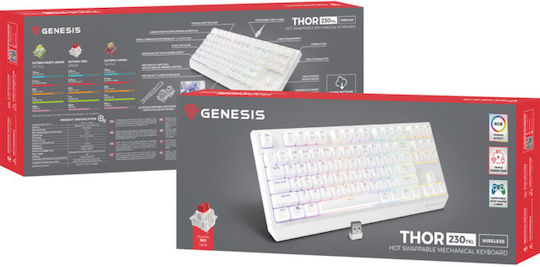 Genesis Thor 230 TKL Ασύρματο Gaming Μηχανικό Πληκτρολόγιο Tenkeyless με Outemu Red διακόπτες και RGB φωτισμό (Αγγλικό US) Λευκό