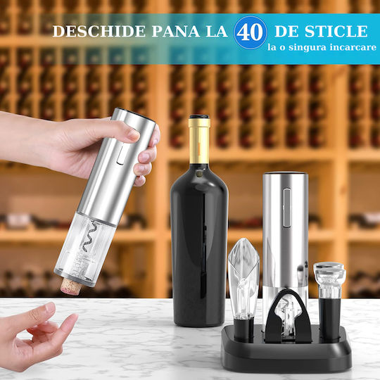 Deschizător electric de vin Vittalist cu accesoriu tăietor de folie reîncărcabil, aerator, pompă de vid și dop gri