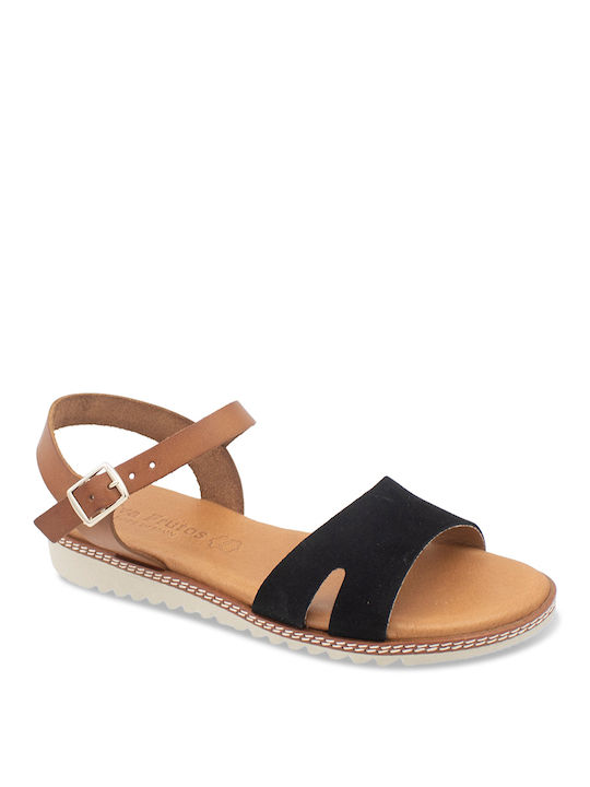 Eva Frutos Leather Women's Flat Sandals Flatforms in Black Color