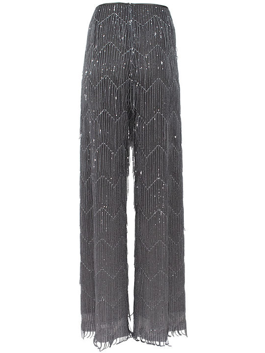 Grey Flared Trousers with Fringe and Sequins